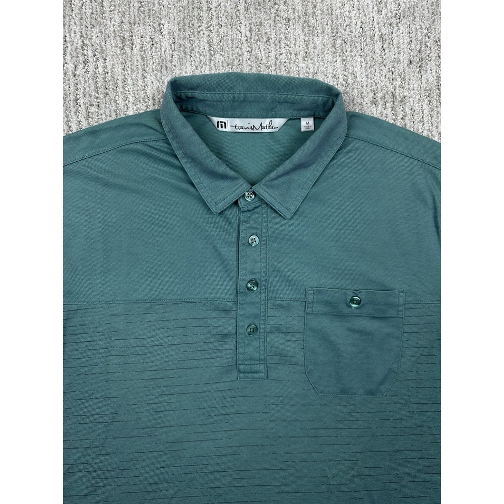 Travis Mathew Men's Striped Green Polo Shirt Short Sleeve Collared Button Logo M